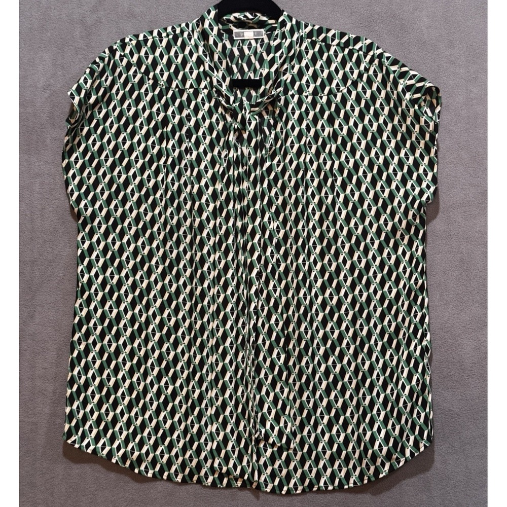 Pleione Womens Large Green Geometric Diamond Tie Neck Sleeveless Career Blouse
